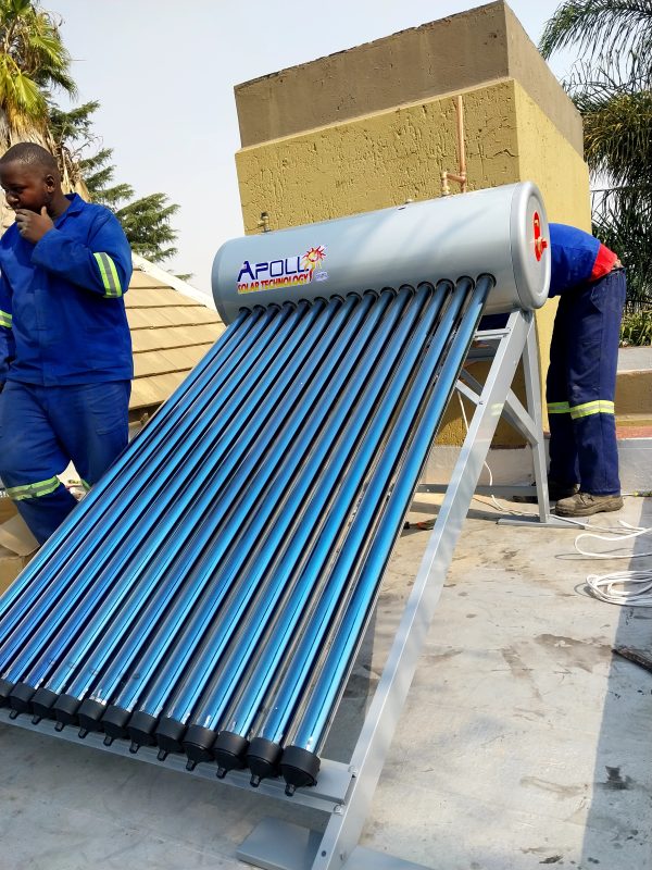 Apollo Solar Geyser Installation. 200l solar geyser. Evacuated tube collector with Manifold. Direct Solar Water Heater. Closed Couple